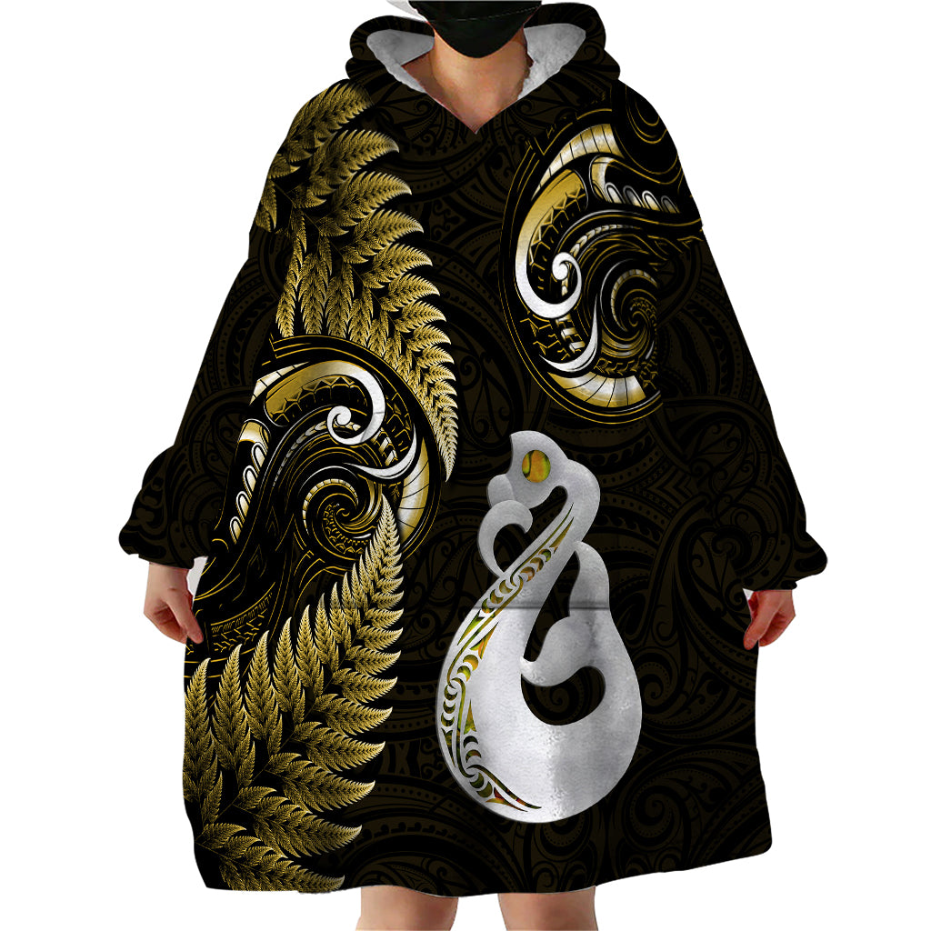 Personalised New Zealand Wearable Blanket Hoodie Aotearoa Silver Fern With Manaia Maori Unique Gold - Vibe Hoodie Shop