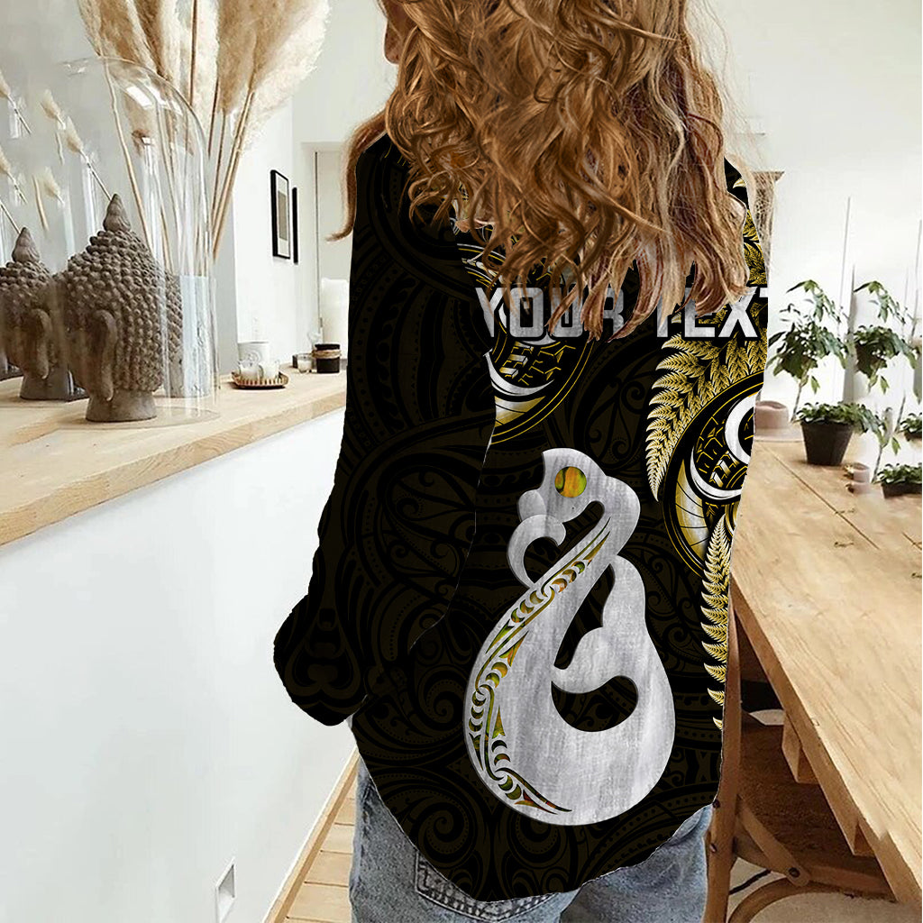 Personalised New Zealand Women Casual Shirt Aotearoa Silver Fern With Manaia Maori Unique Gold - Vibe Hoodie Shop