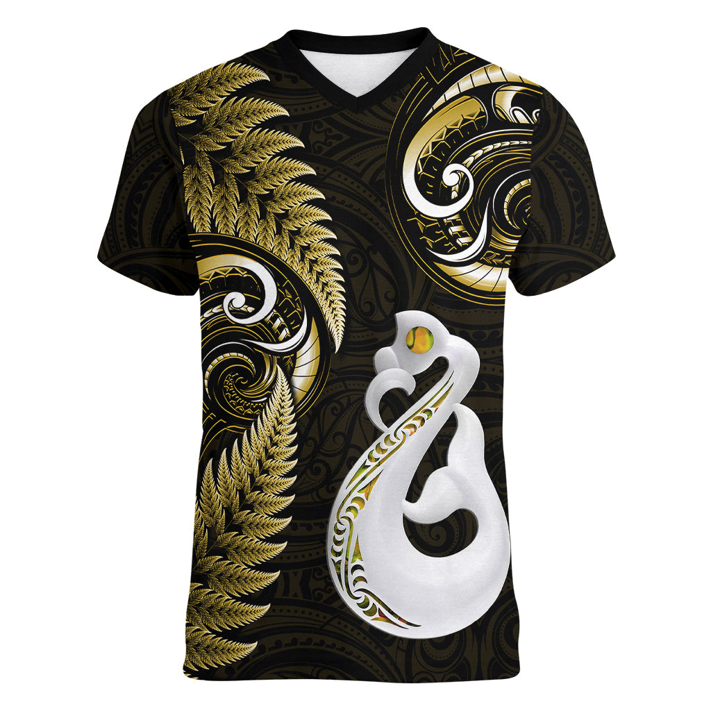 Personalised New Zealand Women V Neck T Shirt Aotearoa Silver Fern With Manaia Maori Unique Gold - Vibe Hoodie Shop