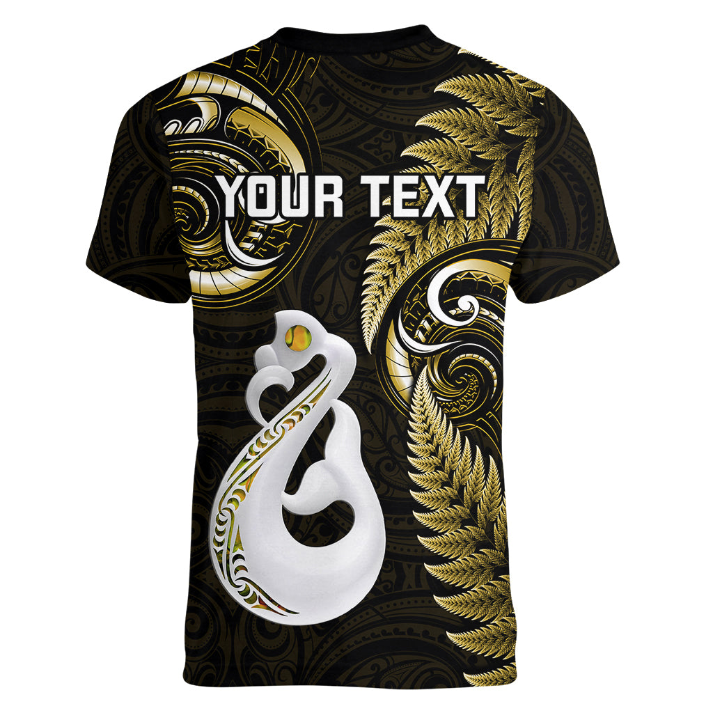 Personalised New Zealand Women V Neck T Shirt Aotearoa Silver Fern With Manaia Maori Unique Gold - Vibe Hoodie Shop