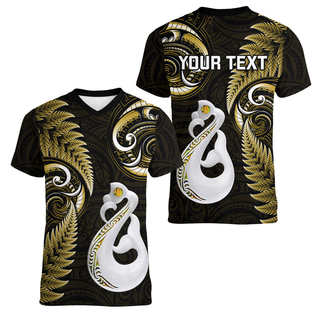 Personalised New Zealand Women V Neck T Shirt Aotearoa Silver Fern With Manaia Maori Unique Gold - Vibe Hoodie Shop