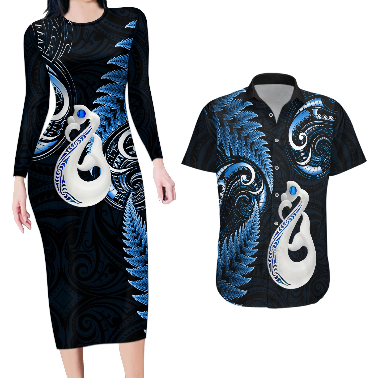 personalised-new-zealand-couples-long-sleeve-bodycon-dress-and-hawaiian-shirt-aotearoa-silver-fern-with-manaia-maori-unique-blue