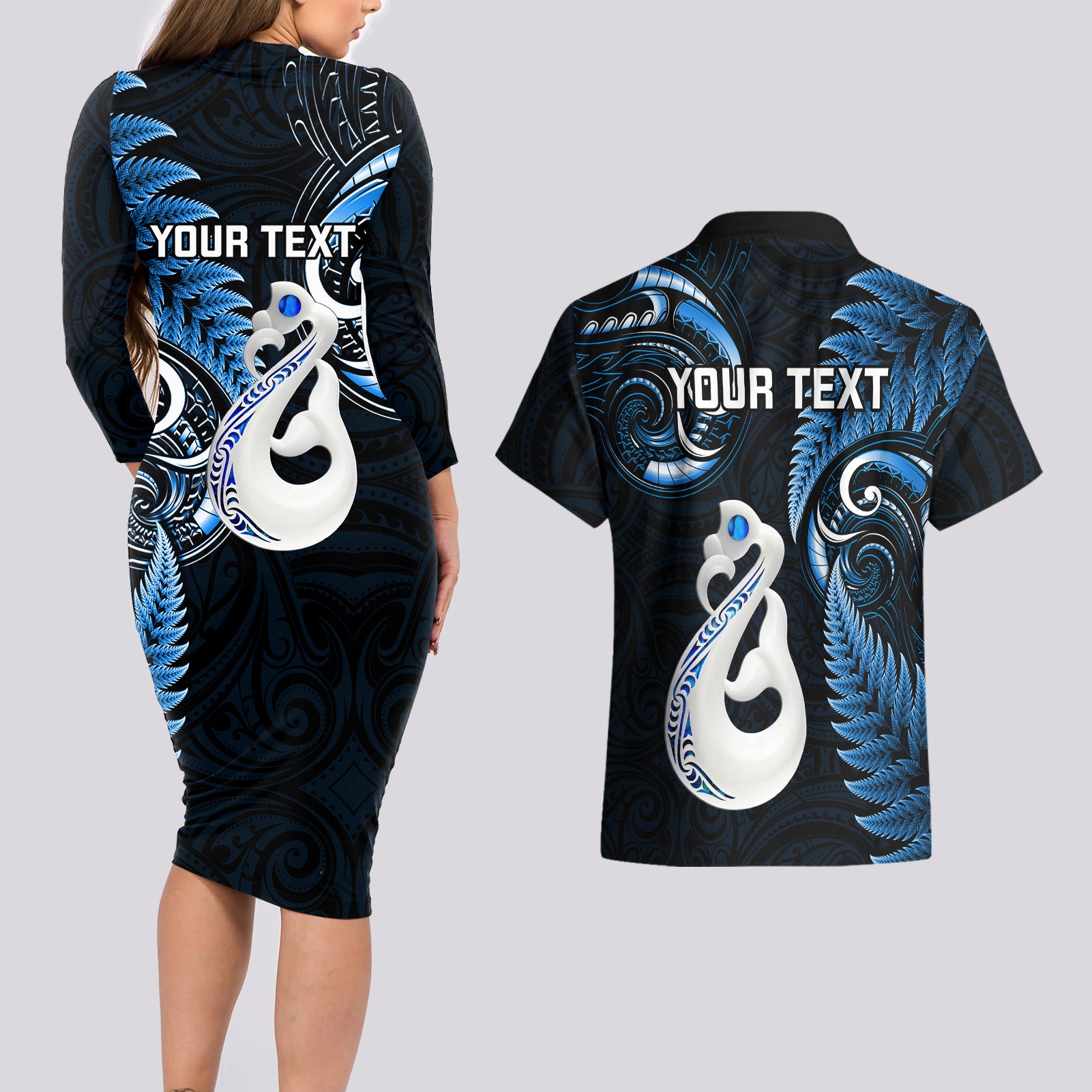 personalised-new-zealand-couples-long-sleeve-bodycon-dress-and-hawaiian-shirt-aotearoa-silver-fern-with-manaia-maori-unique-blue