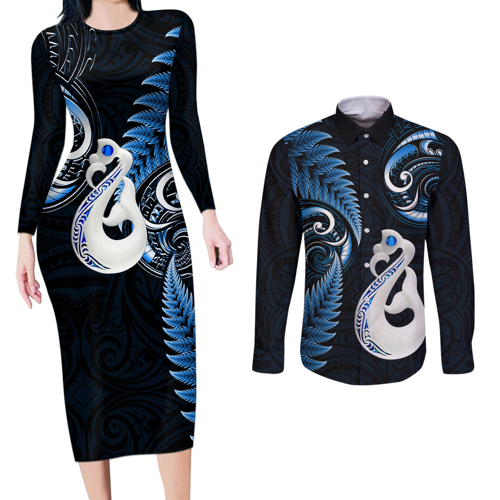 personalised-new-zealand-couples-long-sleeve-bodycon-dress-and-long-sleeve-button-shirts-aotearoa-silver-fern-with-manaia-maori-unique-blue