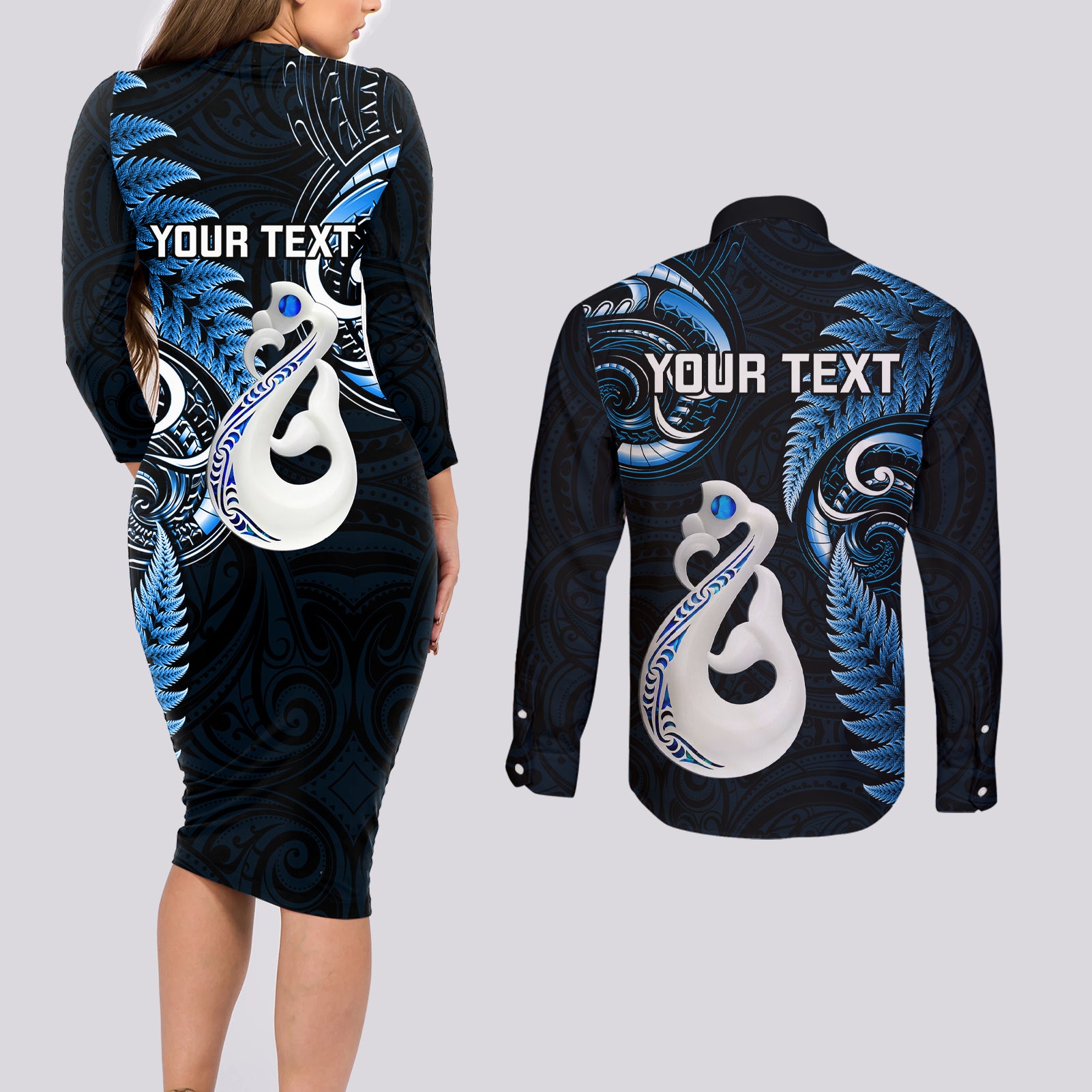 personalised-new-zealand-couples-long-sleeve-bodycon-dress-and-long-sleeve-button-shirts-aotearoa-silver-fern-with-manaia-maori-unique-blue