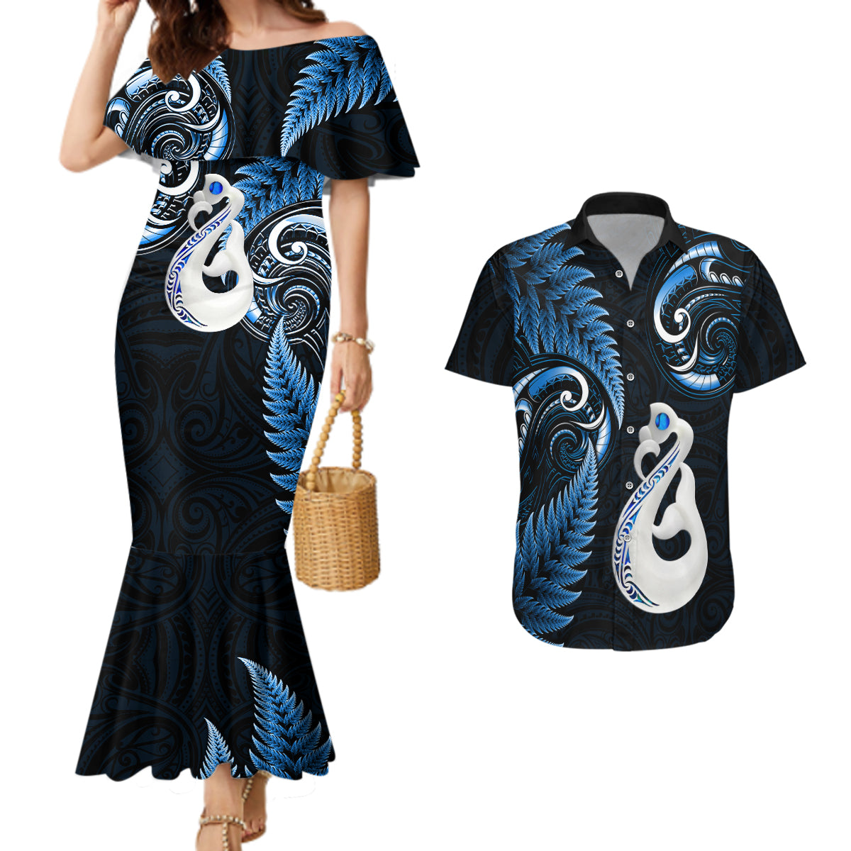 personalised-new-zealand-couples-mermaid-dress-and-hawaiian-shirt-aotearoa-silver-fern-with-manaia-maori-unique-blue