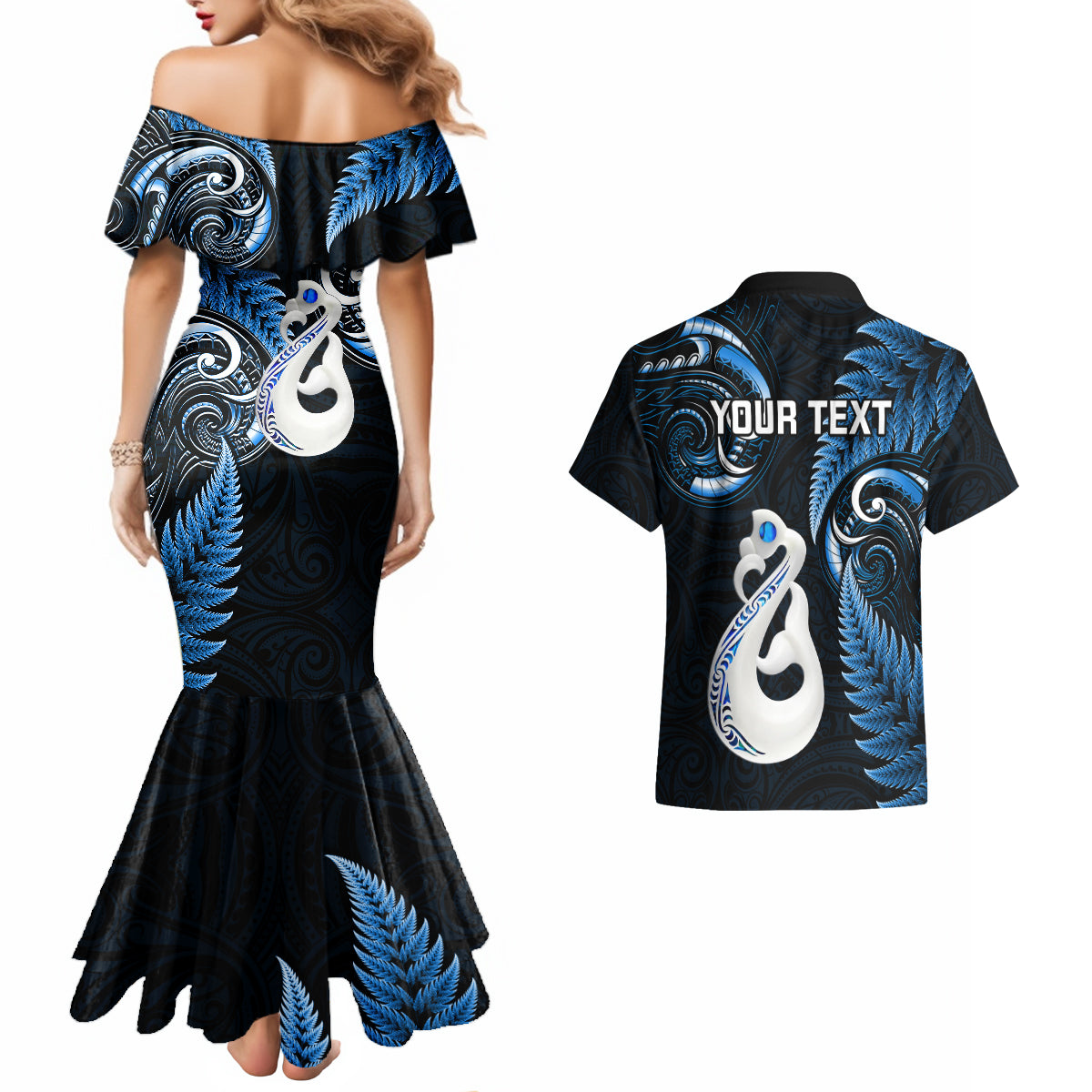 personalised-new-zealand-couples-mermaid-dress-and-hawaiian-shirt-aotearoa-silver-fern-with-manaia-maori-unique-blue