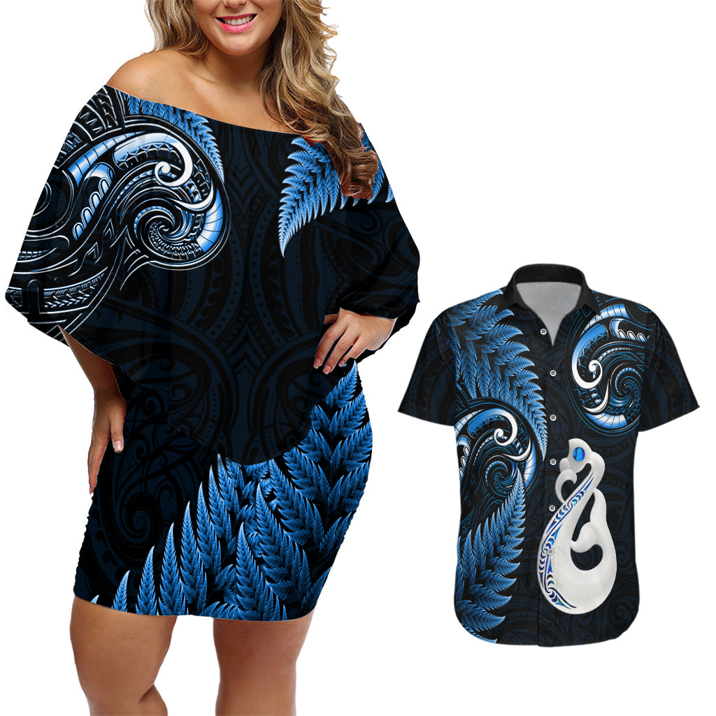 personalised-new-zealand-couples-off-shoulder-short-dress-and-hawaiian-shirt-aotearoa-silver-fern-with-manaia-maori-unique-blue