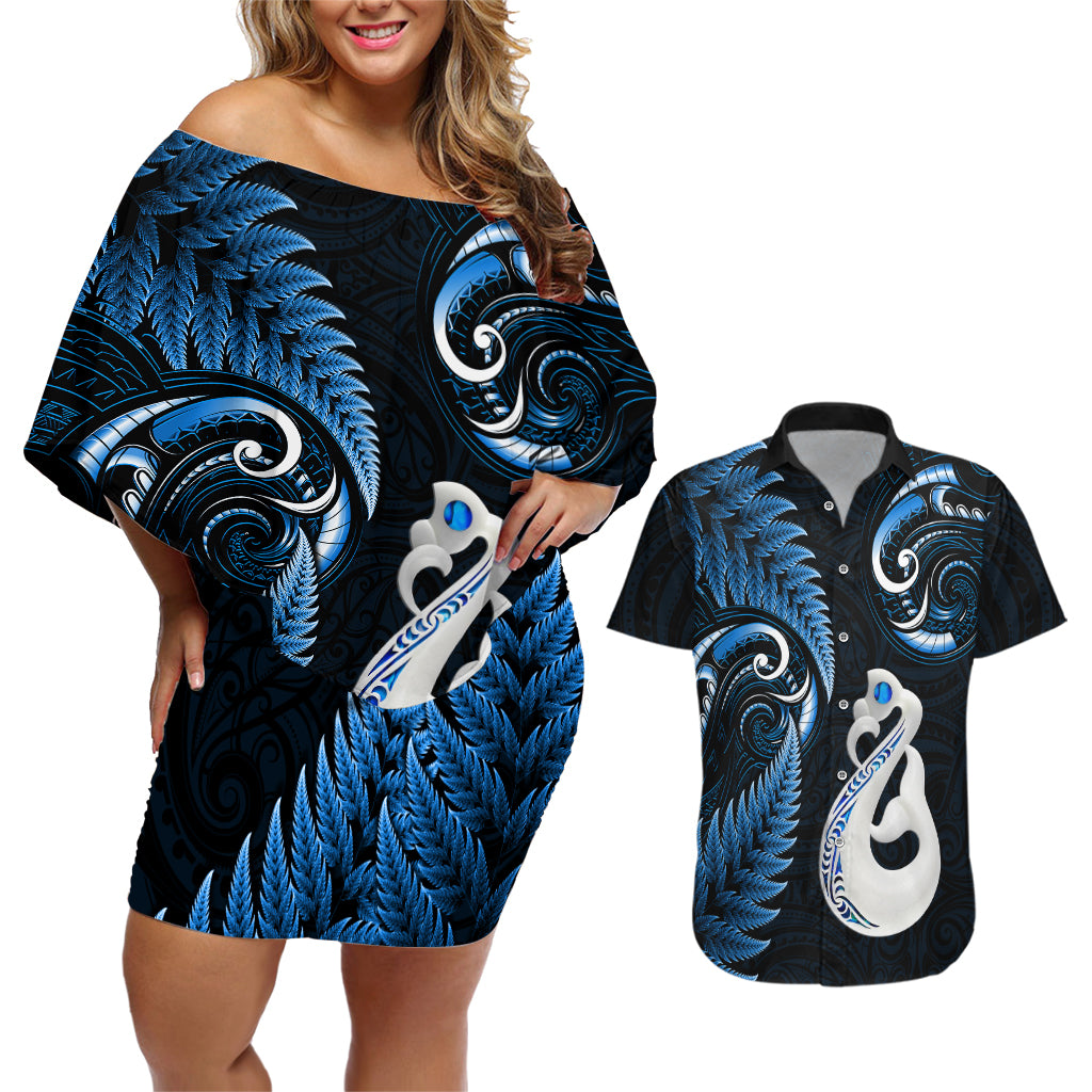 Personalised New Zealand Couples Off The Shoulder Long Sleeve Dress and Hawaiian Shirt Aotearoa Silver Fern With Manaia Maori Unique Blue LT14