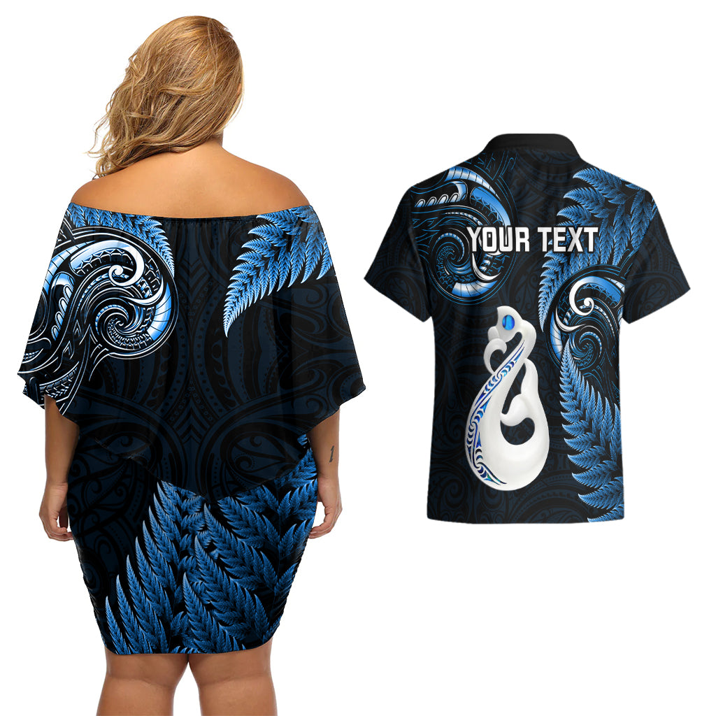 personalised-new-zealand-couples-off-shoulder-short-dress-and-hawaiian-shirt-aotearoa-silver-fern-with-manaia-maori-unique-blue