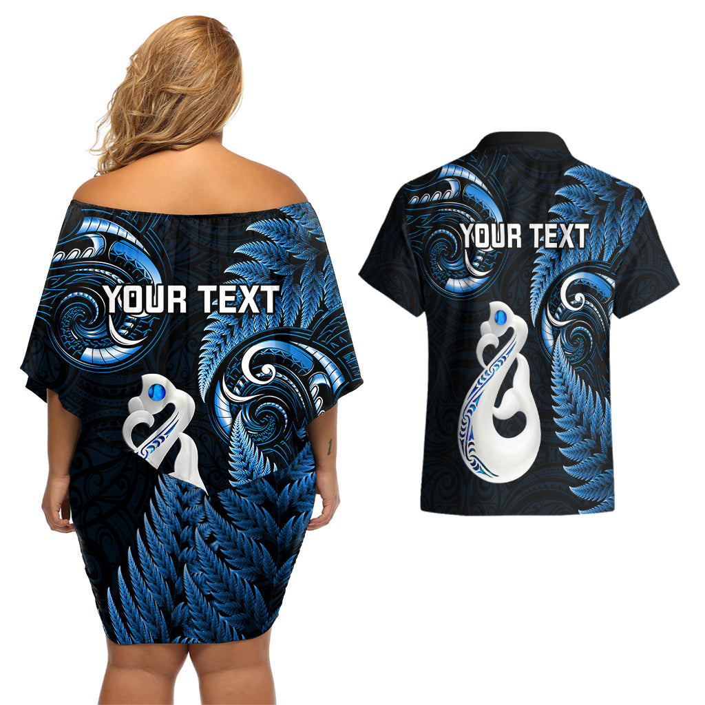 Personalised New Zealand Couples Off The Shoulder Long Sleeve Dress and Hawaiian Shirt Aotearoa Silver Fern With Manaia Maori Unique Blue LT14