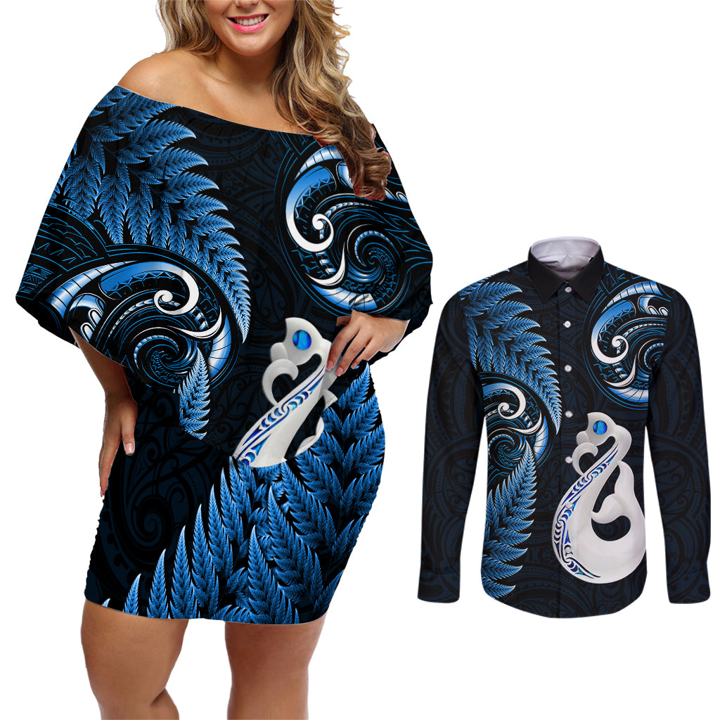 Personalised New Zealand Couples Off Shoulder Short Dress and Long Sleeve Button Shirts Aotearoa Silver Fern With Manaia Maori Unique Blue LT14