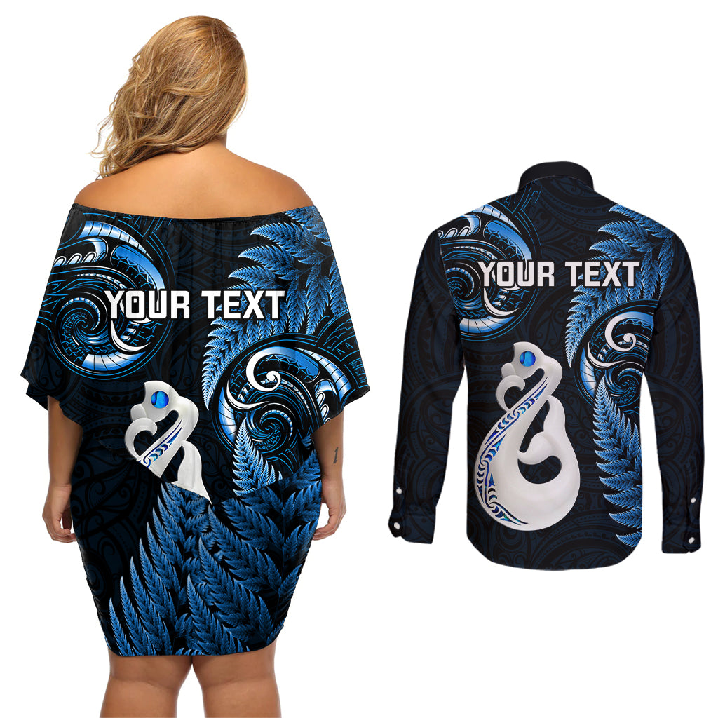 Personalised New Zealand Couples Off Shoulder Short Dress and Long Sleeve Button Shirts Aotearoa Silver Fern With Manaia Maori Unique Blue LT14
