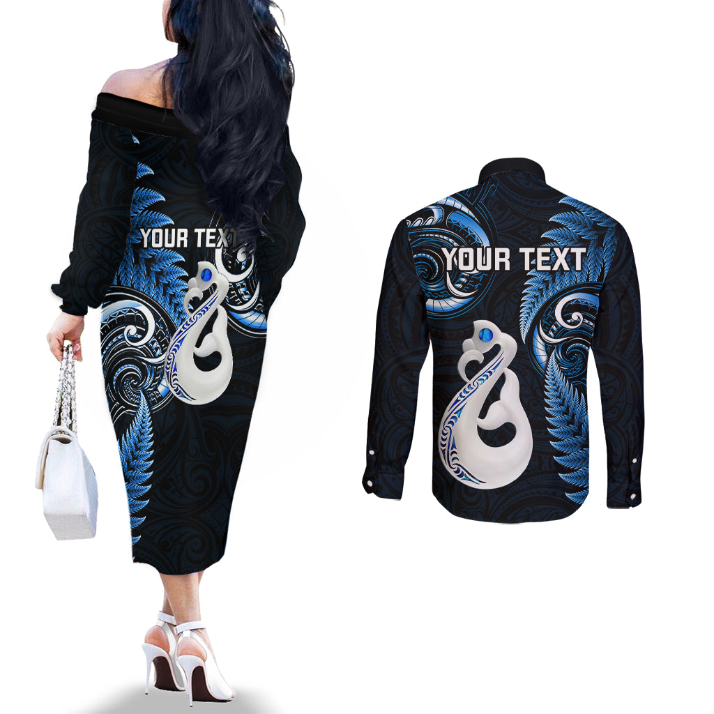 personalised-new-zealand-couples-off-the-shoulder-long-sleeve-dress-and-long-sleeve-button-shirts-aotearoa-silver-fern-with-manaia-maori-unique-blue