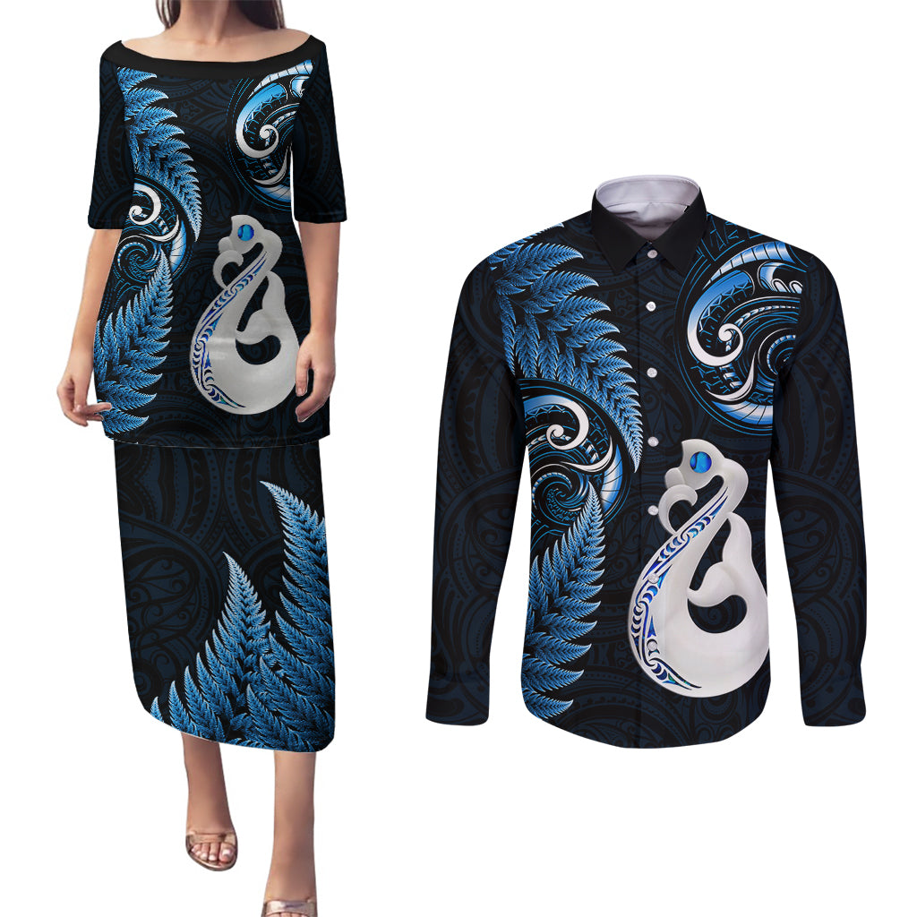 personalised-new-zealand-couples-puletasi-dress-and-long-sleeve-button-shirts-aotearoa-silver-fern-with-manaia-maori-unique-blue