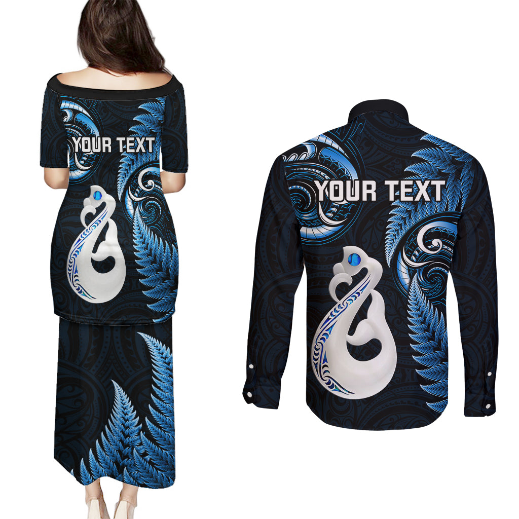 personalised-new-zealand-couples-puletasi-dress-and-long-sleeve-button-shirts-aotearoa-silver-fern-with-manaia-maori-unique-blue