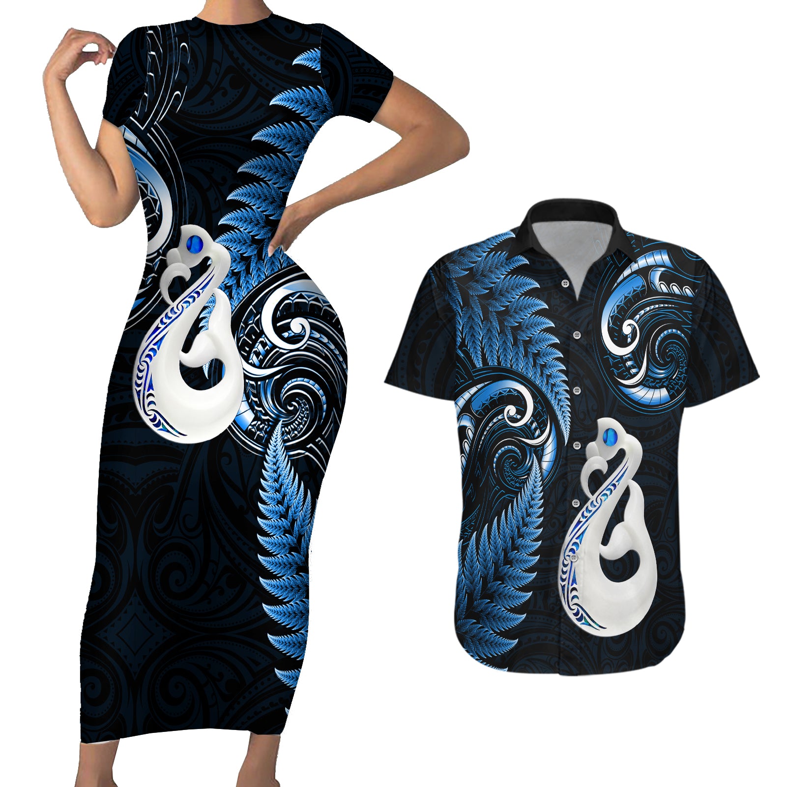 personalised-new-zealand-couples-short-sleeve-bodycon-dress-and-hawaiian-shirt-aotearoa-silver-fern-with-manaia-maori-unique-blue