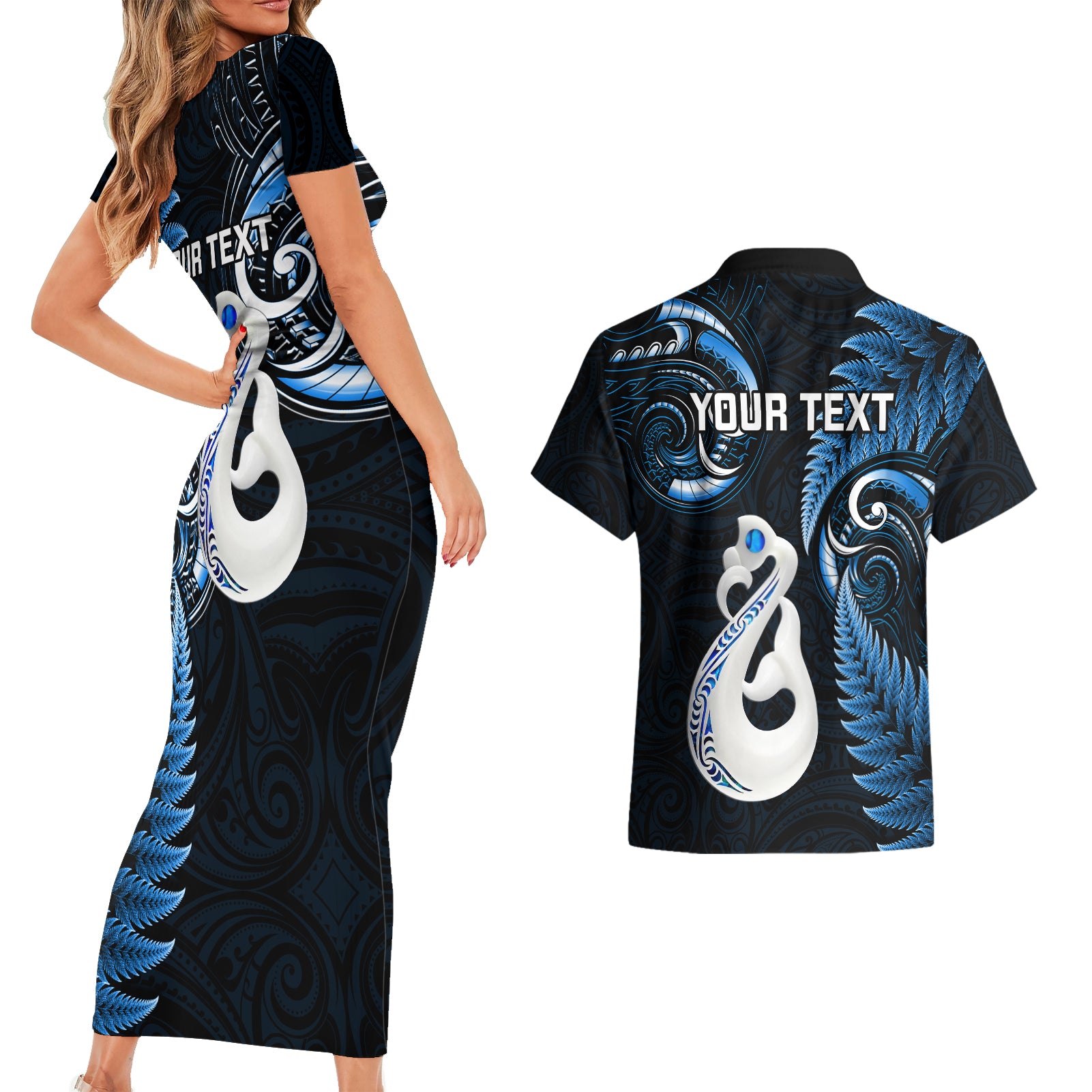 personalised-new-zealand-couples-short-sleeve-bodycon-dress-and-hawaiian-shirt-aotearoa-silver-fern-with-manaia-maori-unique-blue