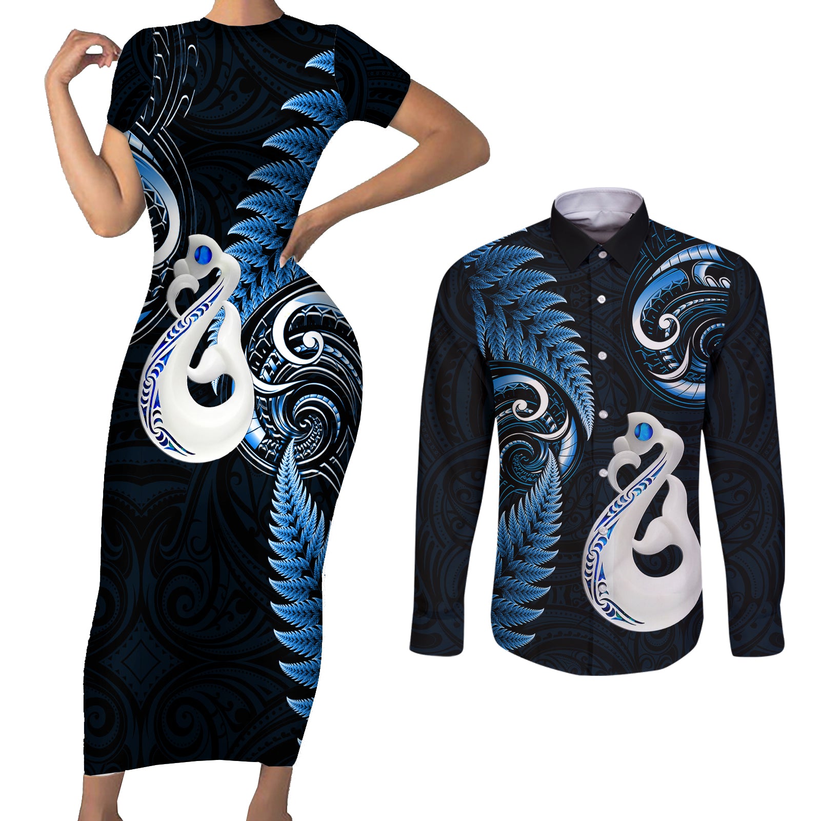 personalised-new-zealand-couples-short-sleeve-bodycon-dress-and-long-sleeve-button-shirts-aotearoa-silver-fern-with-manaia-maori-unique-blue