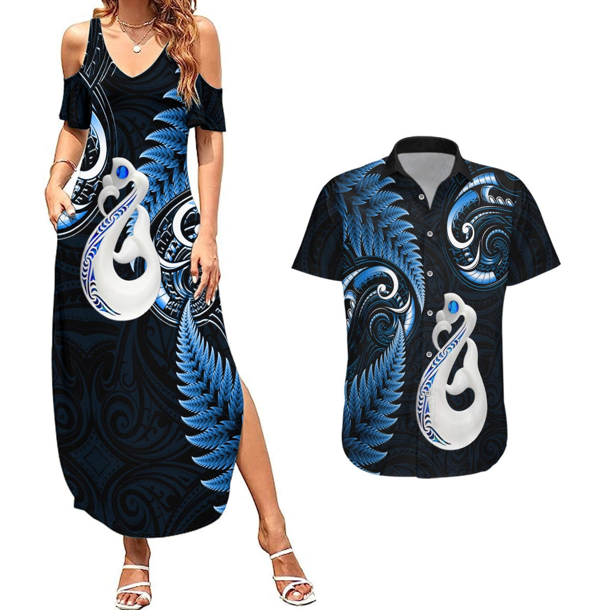 personalised-new-zealand-couples-summer-maxi-dress-and-hawaiian-shirt-aotearoa-silver-fern-with-manaia-maori-unique-blue