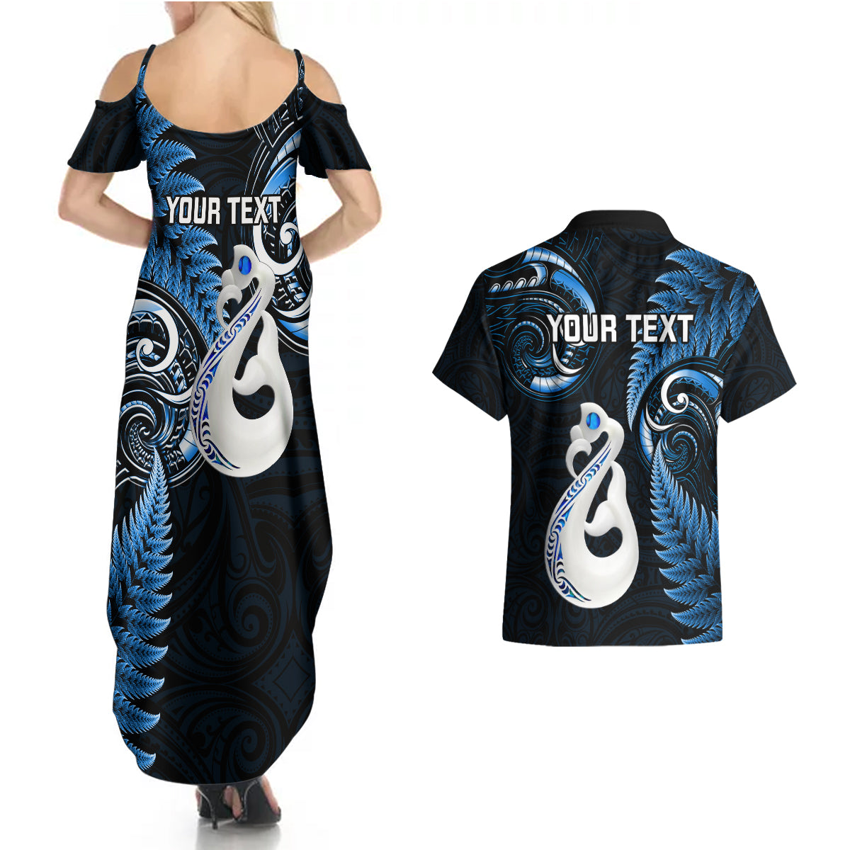 personalised-new-zealand-couples-summer-maxi-dress-and-hawaiian-shirt-aotearoa-silver-fern-with-manaia-maori-unique-blue