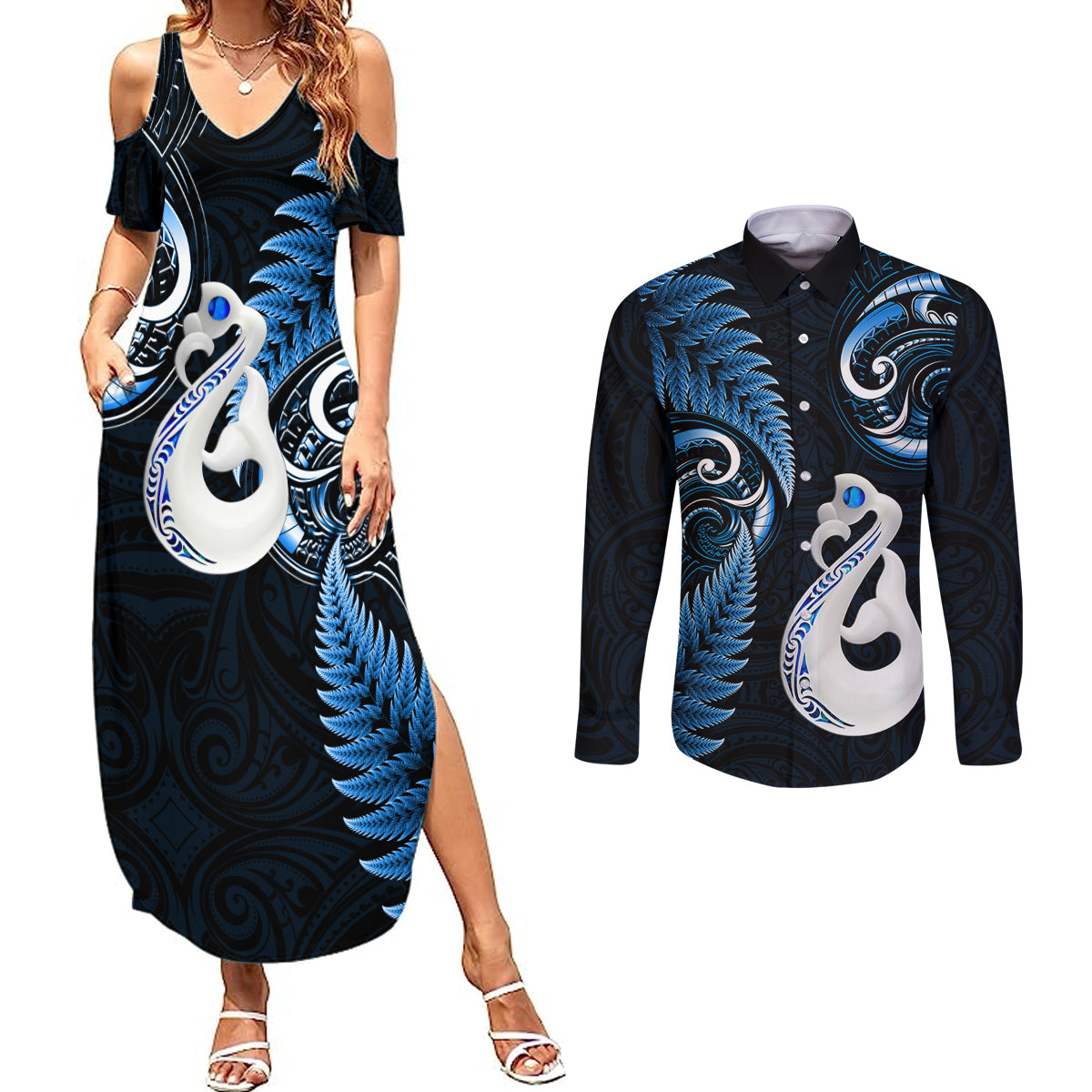 personalised-new-zealand-couples-summer-maxi-dress-and-long-sleeve-button-shirts-aotearoa-silver-fern-with-manaia-maori-unique-blue