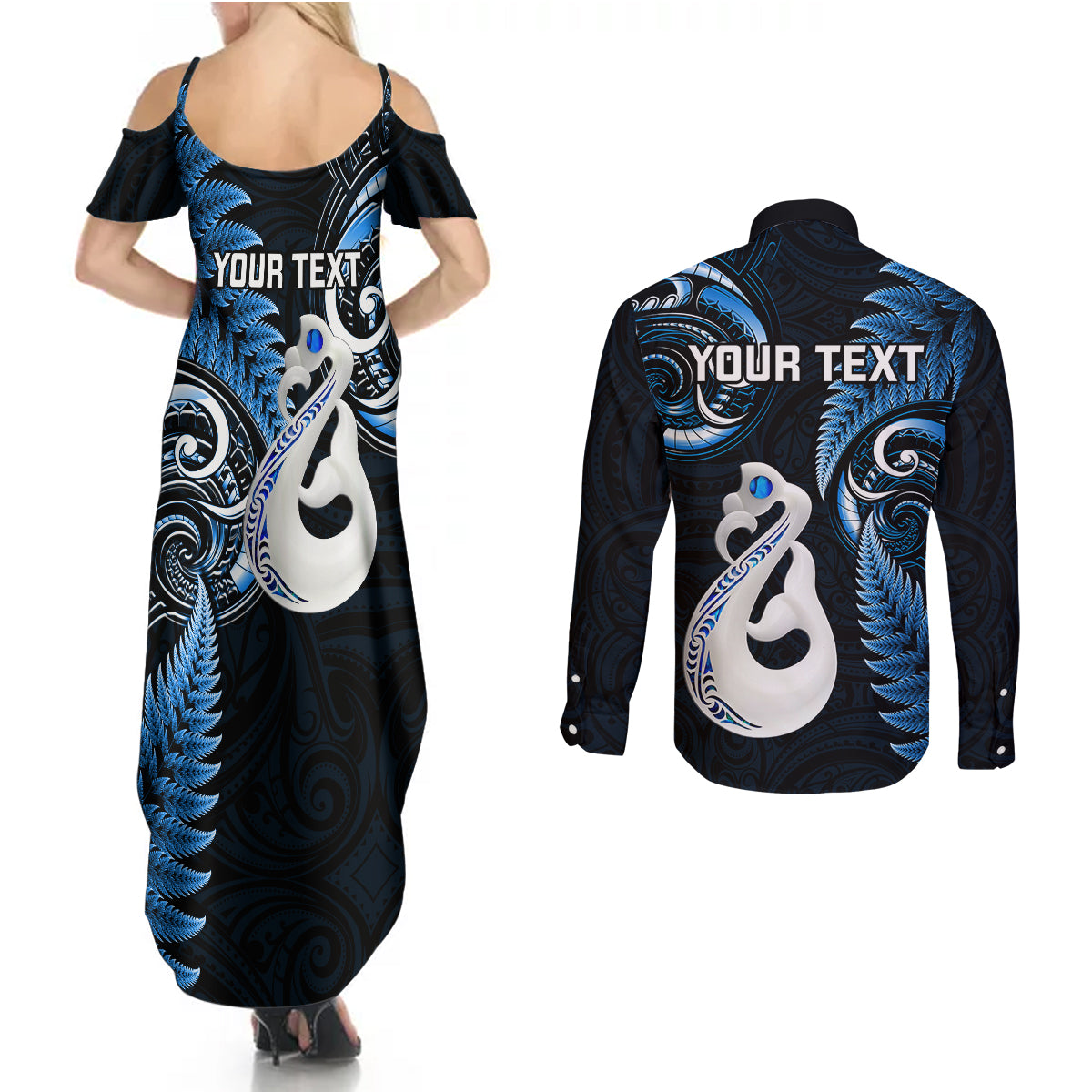 personalised-new-zealand-couples-summer-maxi-dress-and-long-sleeve-button-shirts-aotearoa-silver-fern-with-manaia-maori-unique-blue