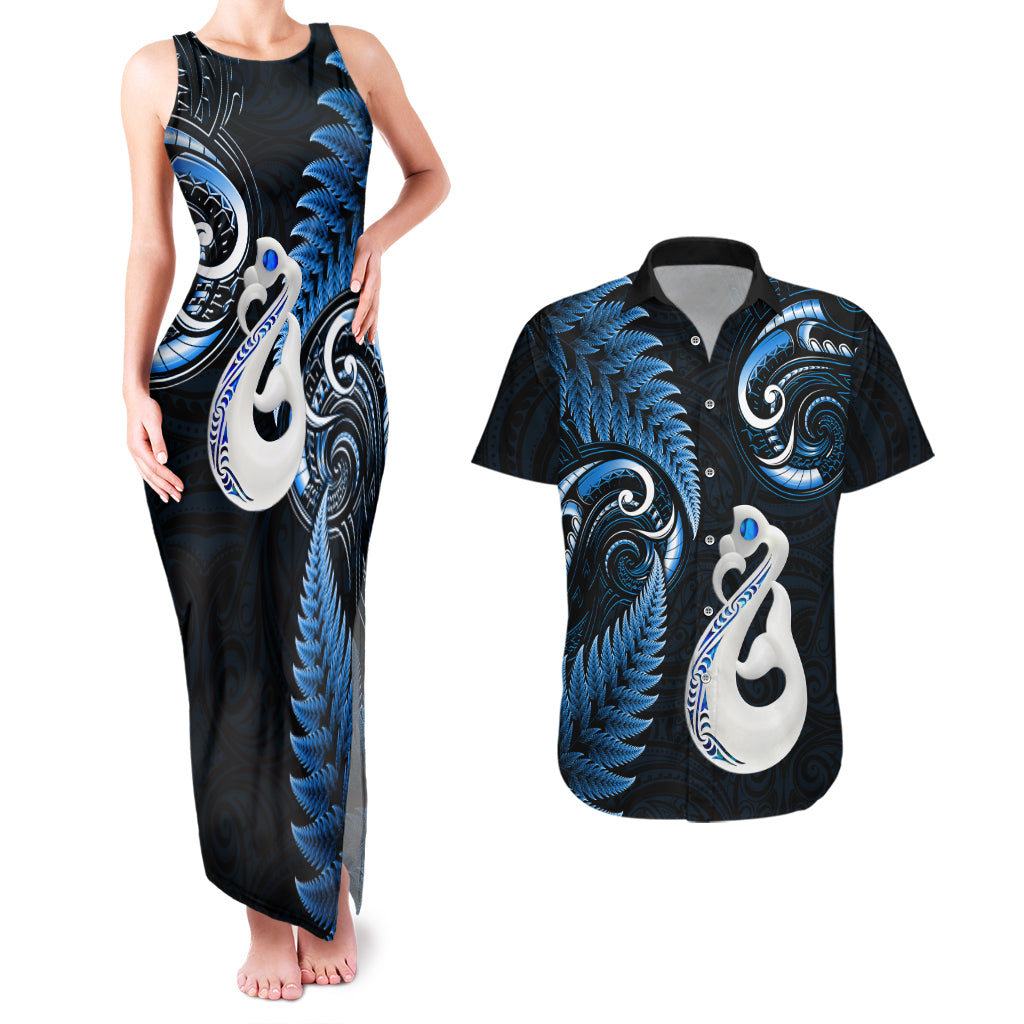 personalised-new-zealand-couples-matching-tank-maxi-dress-and-hawaiian-shirt-aotearoa-silver-fern-with-manaia-maori-unique-blue