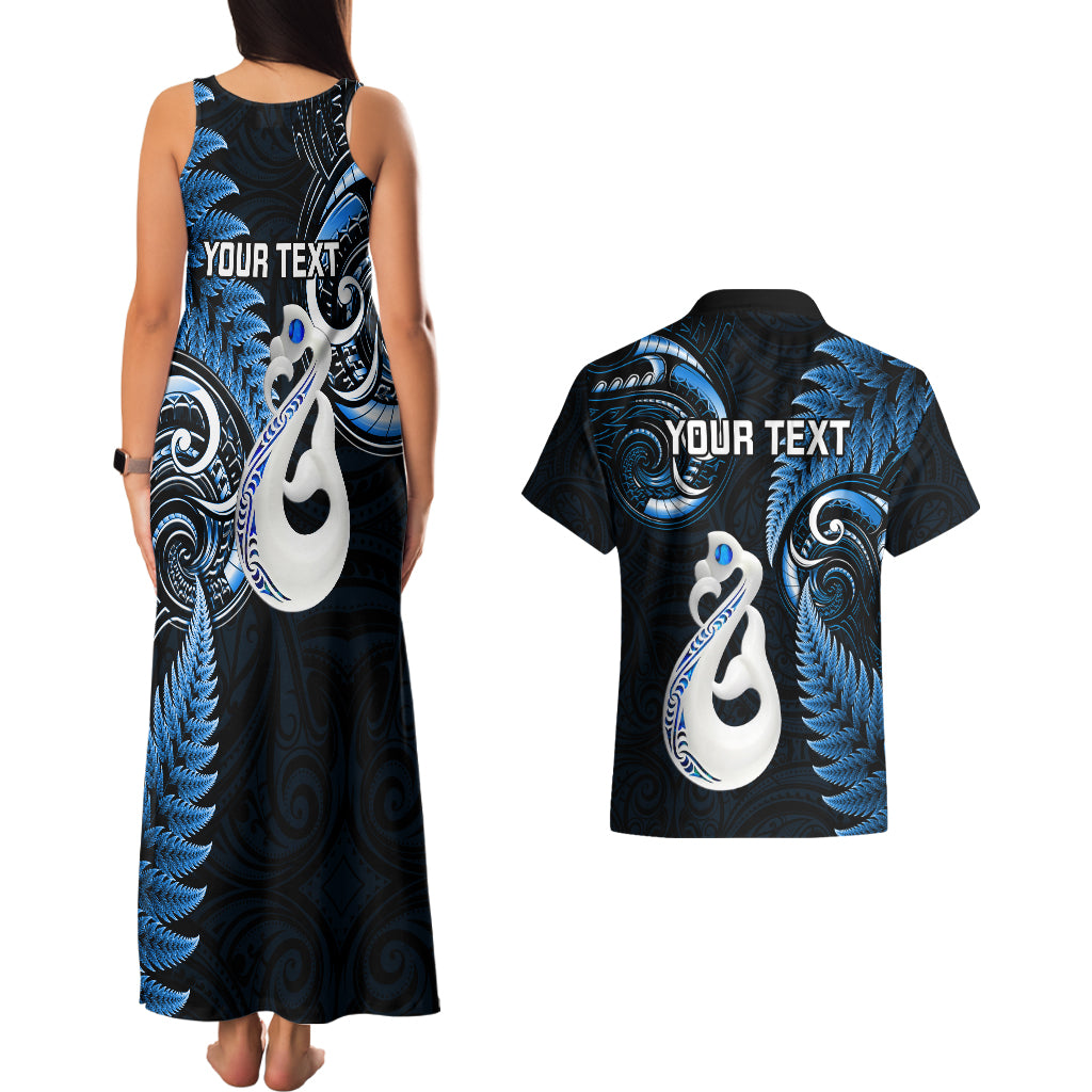 personalised-new-zealand-couples-matching-tank-maxi-dress-and-hawaiian-shirt-aotearoa-silver-fern-with-manaia-maori-unique-blue