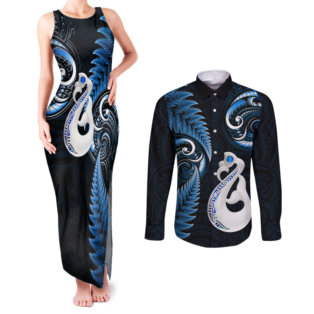 personalised-new-zealand-couples-matching-tank-maxi-dress-and-long-sleeve-button-shirts-aotearoa-silver-fern-with-manaia-maori-unique-blue