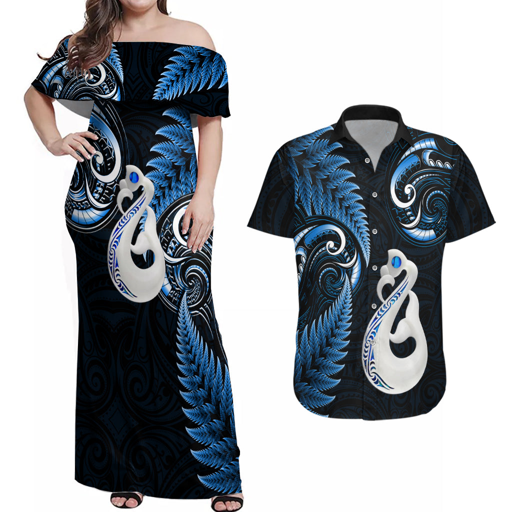 personalised-new-zealand-couples-off-shoulder-maxi-dress-and-hawaiian-shirt-aotearoa-silver-fern-with-manaia-maori-unique-blue