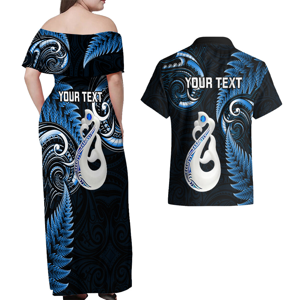 personalised-new-zealand-couples-off-shoulder-maxi-dress-and-hawaiian-shirt-aotearoa-silver-fern-with-manaia-maori-unique-blue