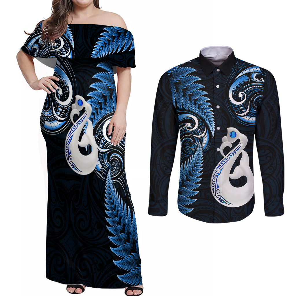 personalised-new-zealand-couples-off-shoulder-maxi-dress-and-long-sleeve-button-shirts-aotearoa-silver-fern-with-manaia-maori-unique-blue