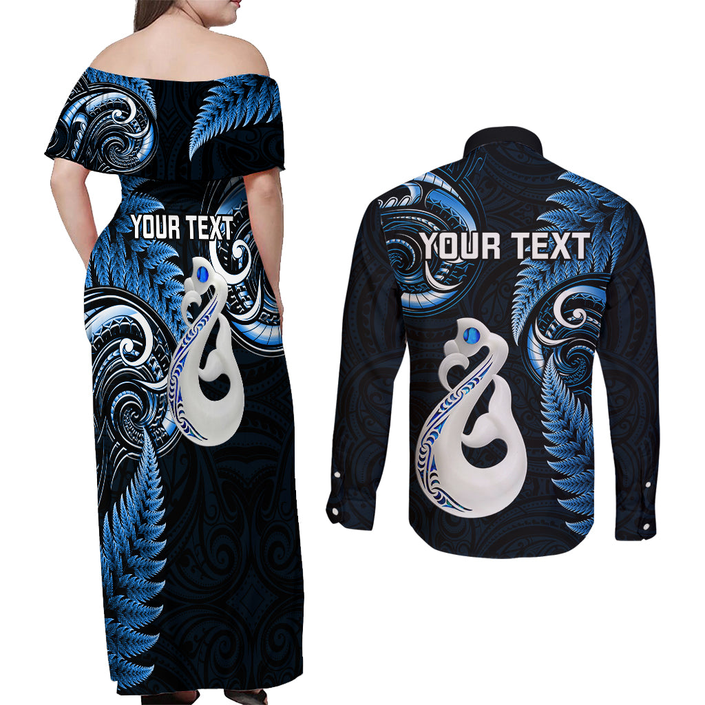 personalised-new-zealand-couples-off-shoulder-maxi-dress-and-long-sleeve-button-shirts-aotearoa-silver-fern-with-manaia-maori-unique-blue