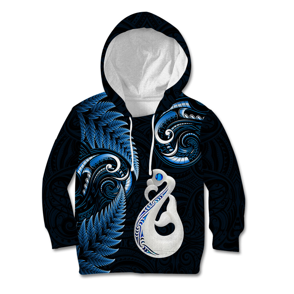 Personalised New Zealand Kid Hoodie Aotearoa Silver Fern With Manaia Maori Unique Blue - Vibe Hoodie Shop