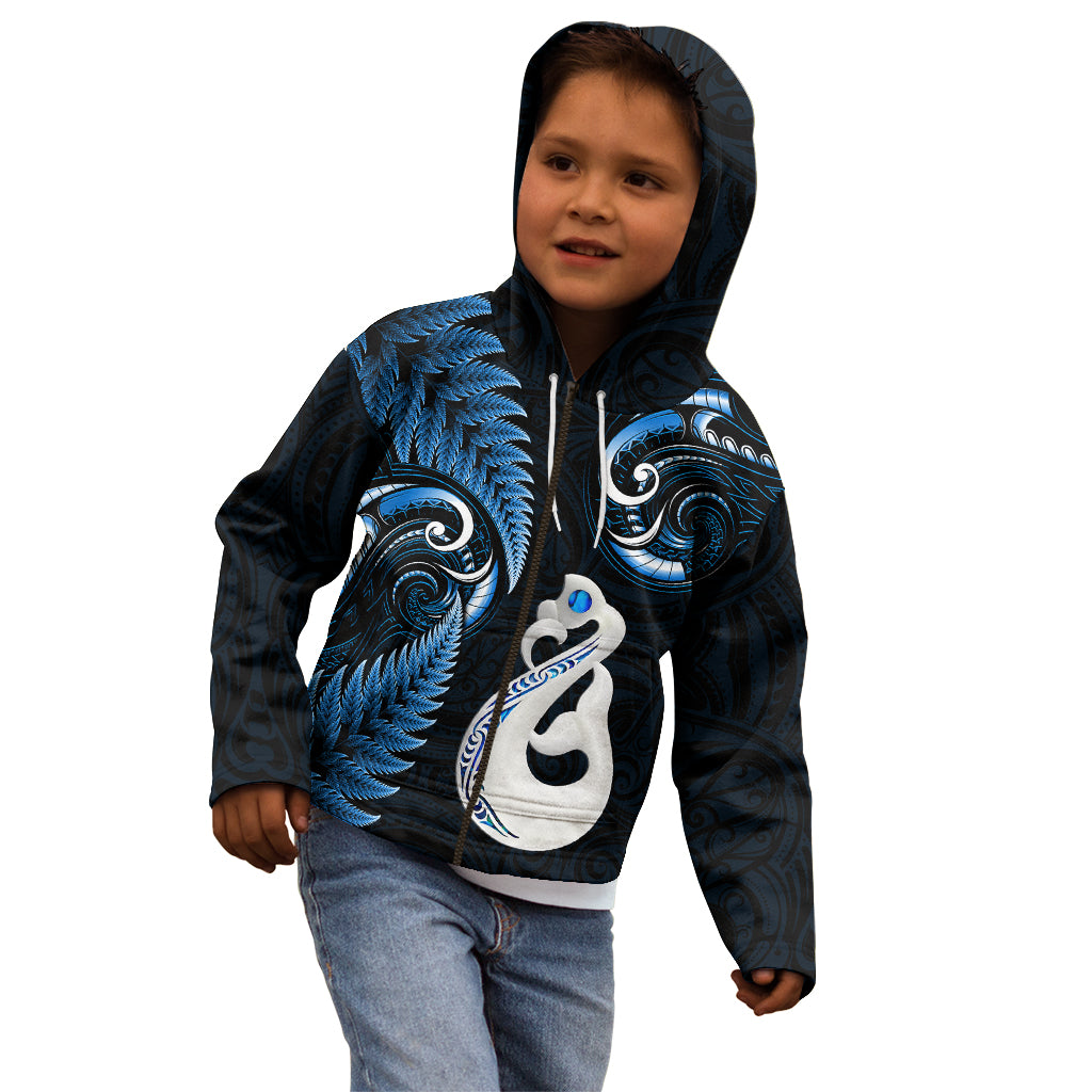 Personalised New Zealand Kid Hoodie Aotearoa Silver Fern With Manaia Maori Unique Blue - Vibe Hoodie Shop