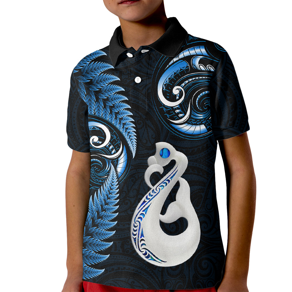 Personalised New Zealand Kid Polo Shirt Aotearoa Silver Fern With Manaia Maori Unique Blue - Vibe Hoodie Shop