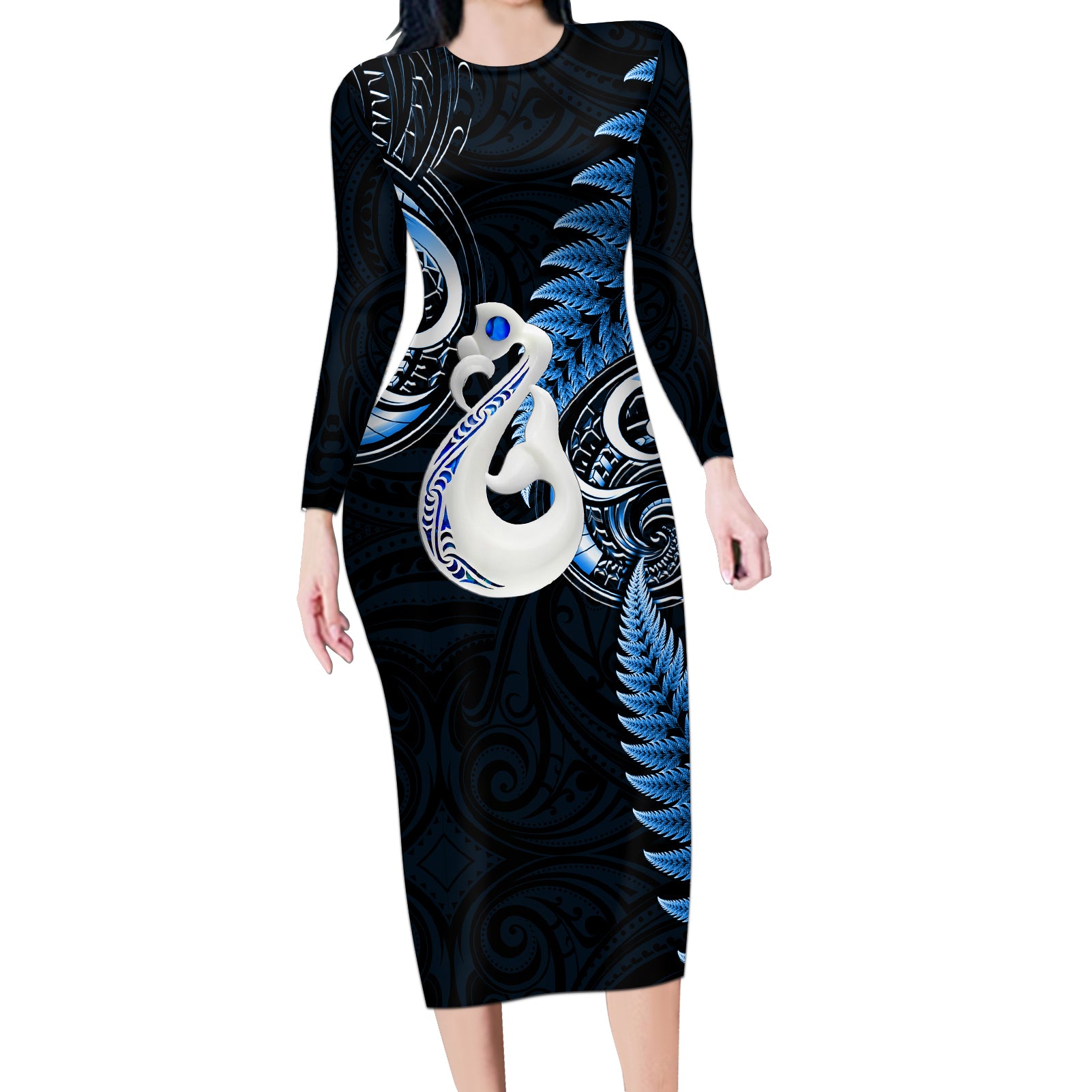 personalised-new-zealand-long-sleeve-bodycon-dress-aotearoa-silver-fern-with-manaia-maori-unique-blue