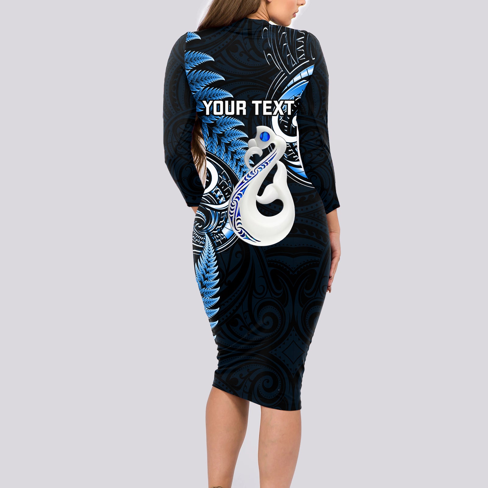 personalised-new-zealand-long-sleeve-bodycon-dress-aotearoa-silver-fern-with-manaia-maori-unique-blue