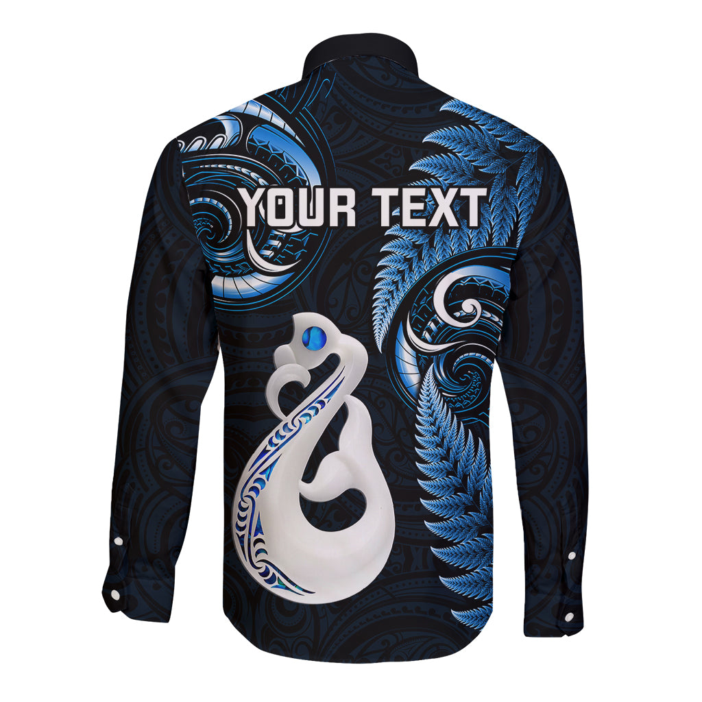 Personalised New Zealand Long Sleeve Button Shirt Aotearoa Silver Fern With Manaia Maori Unique Blue - Vibe Hoodie Shop