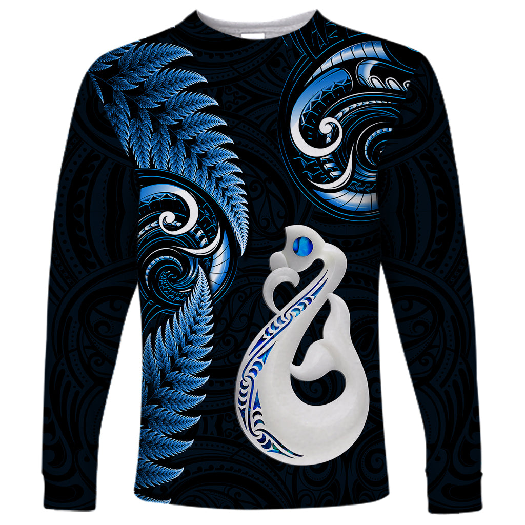 Personalised New Zealand Long Sleeve Shirt Aotearoa Silver Fern With Manaia Maori Unique Blue - Vibe Hoodie Shop