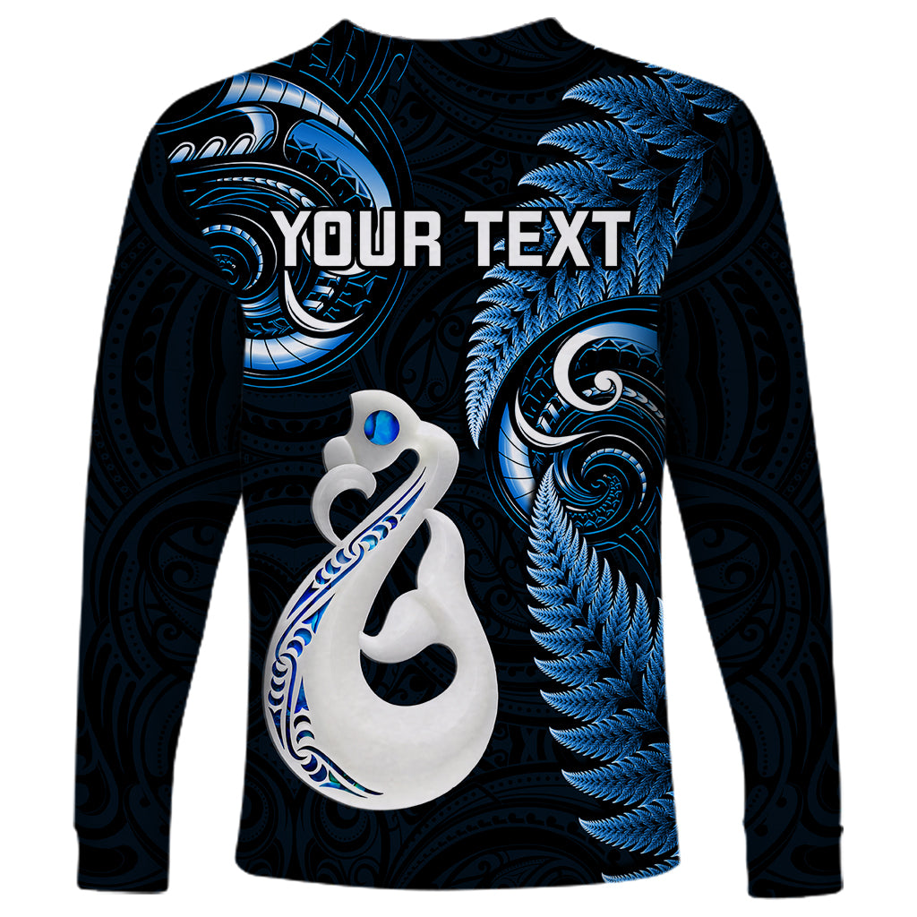 Personalised New Zealand Long Sleeve Shirt Aotearoa Silver Fern With Manaia Maori Unique Blue - Vibe Hoodie Shop