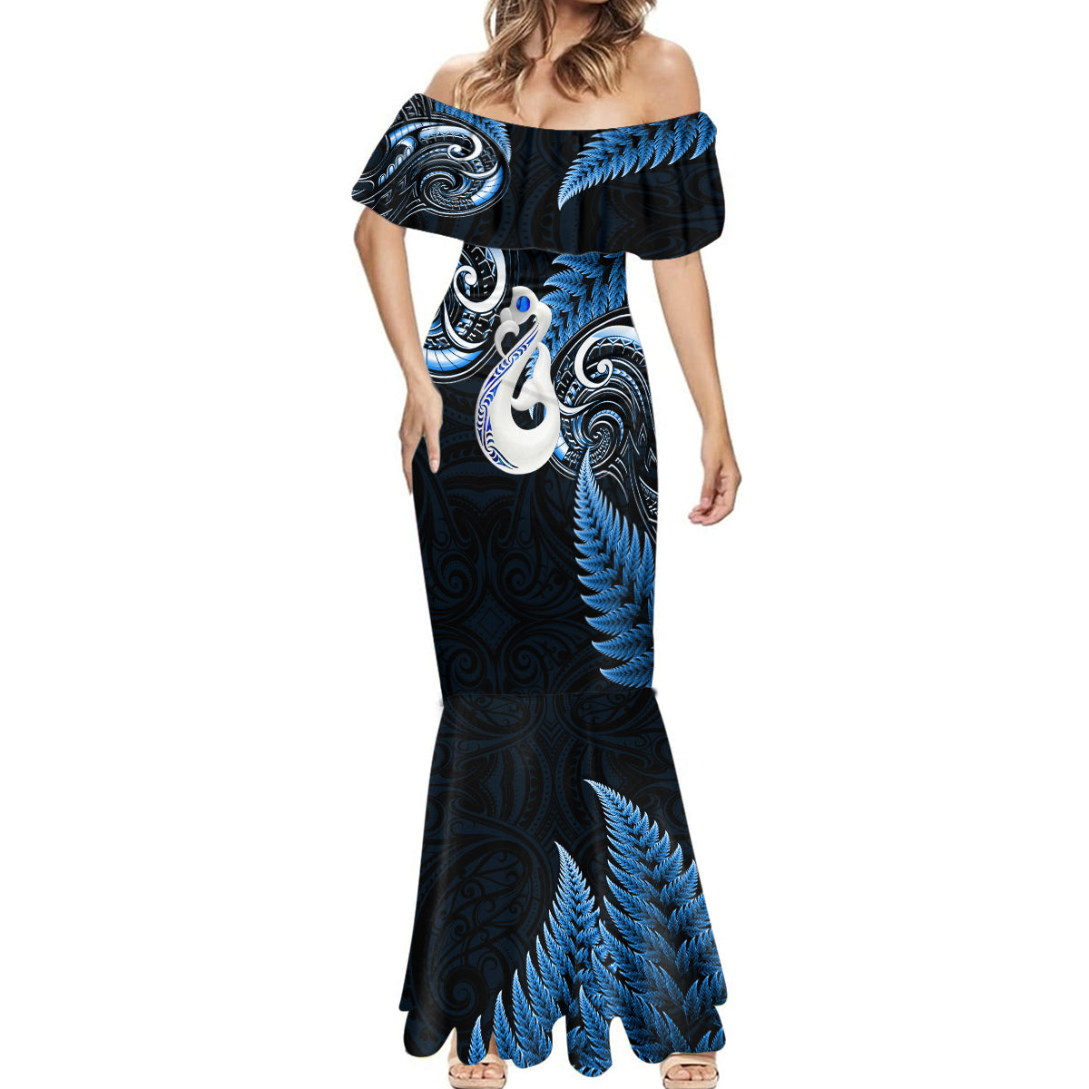 personalised-new-zealand-mermaid-dress-aotearoa-silver-fern-with-manaia-maori-unique-blue