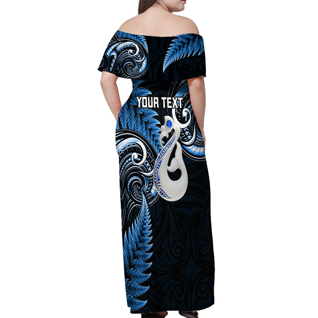 Personalised New Zealand Off Shoulder Maxi Dress Aotearoa Silver Fern With Manaia Maori Unique Blue - Vibe Hoodie Shop