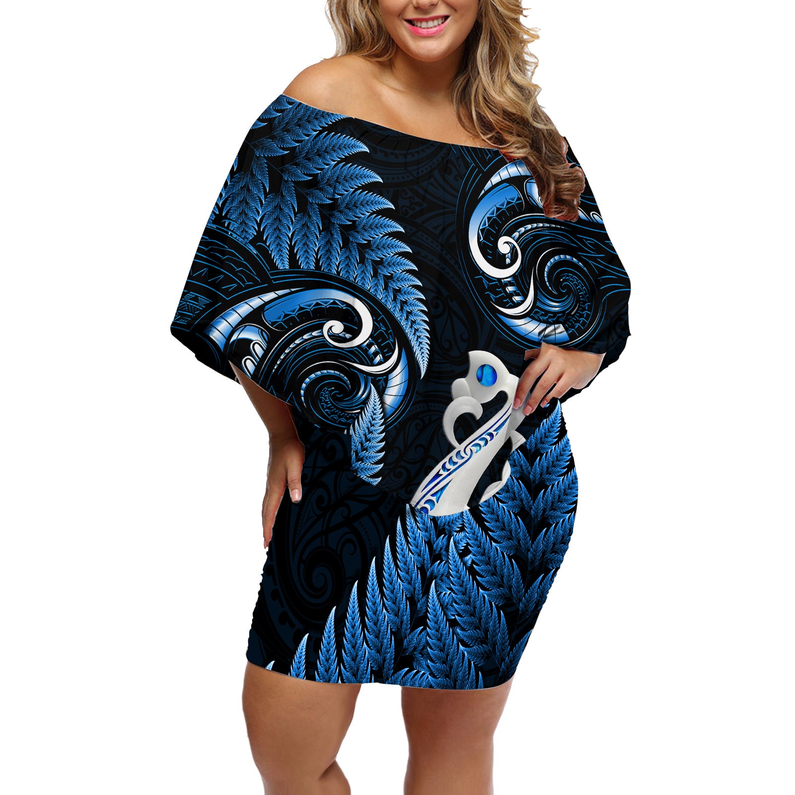 Personalised New Zealand Off Shoulder Short Dress Aotearoa Silver Fern With Manaia Maori Unique Blue LT14