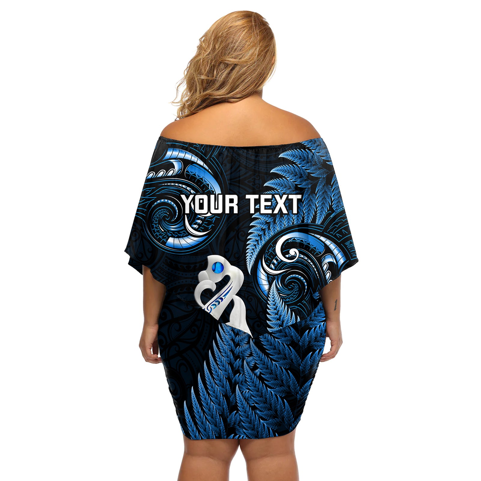 Personalised New Zealand Off Shoulder Short Dress Aotearoa Silver Fern With Manaia Maori Unique Blue LT14