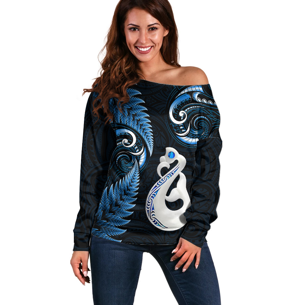 Personalised New Zealand Off Shoulder Sweater Aotearoa Silver Fern With Manaia Maori Unique Blue - Vibe Hoodie Shop