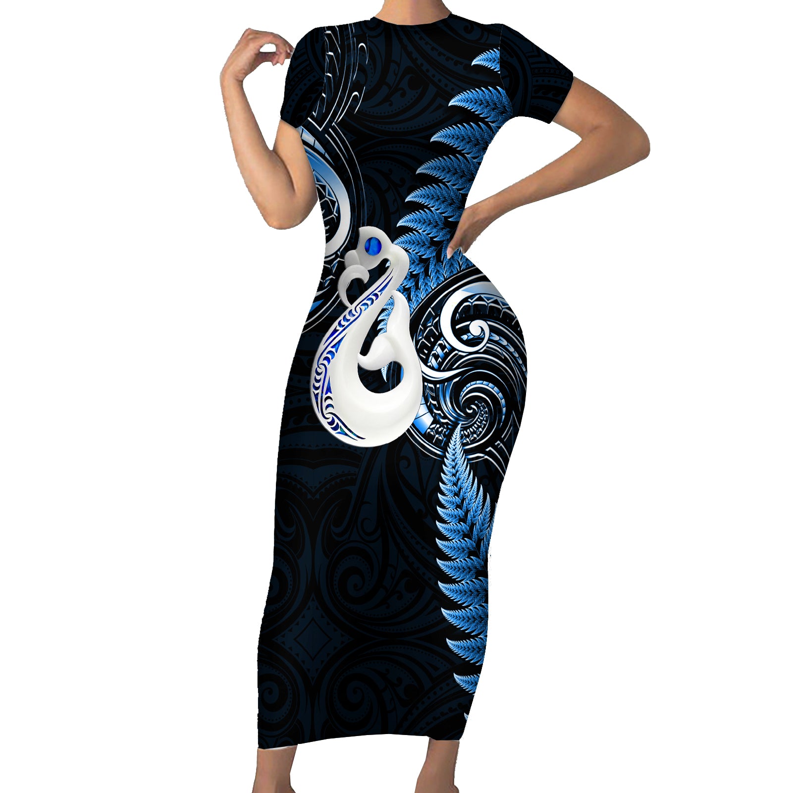 personalised-new-zealand-short-sleeve-bodycon-dress-aotearoa-silver-fern-with-manaia-maori-unique-blue