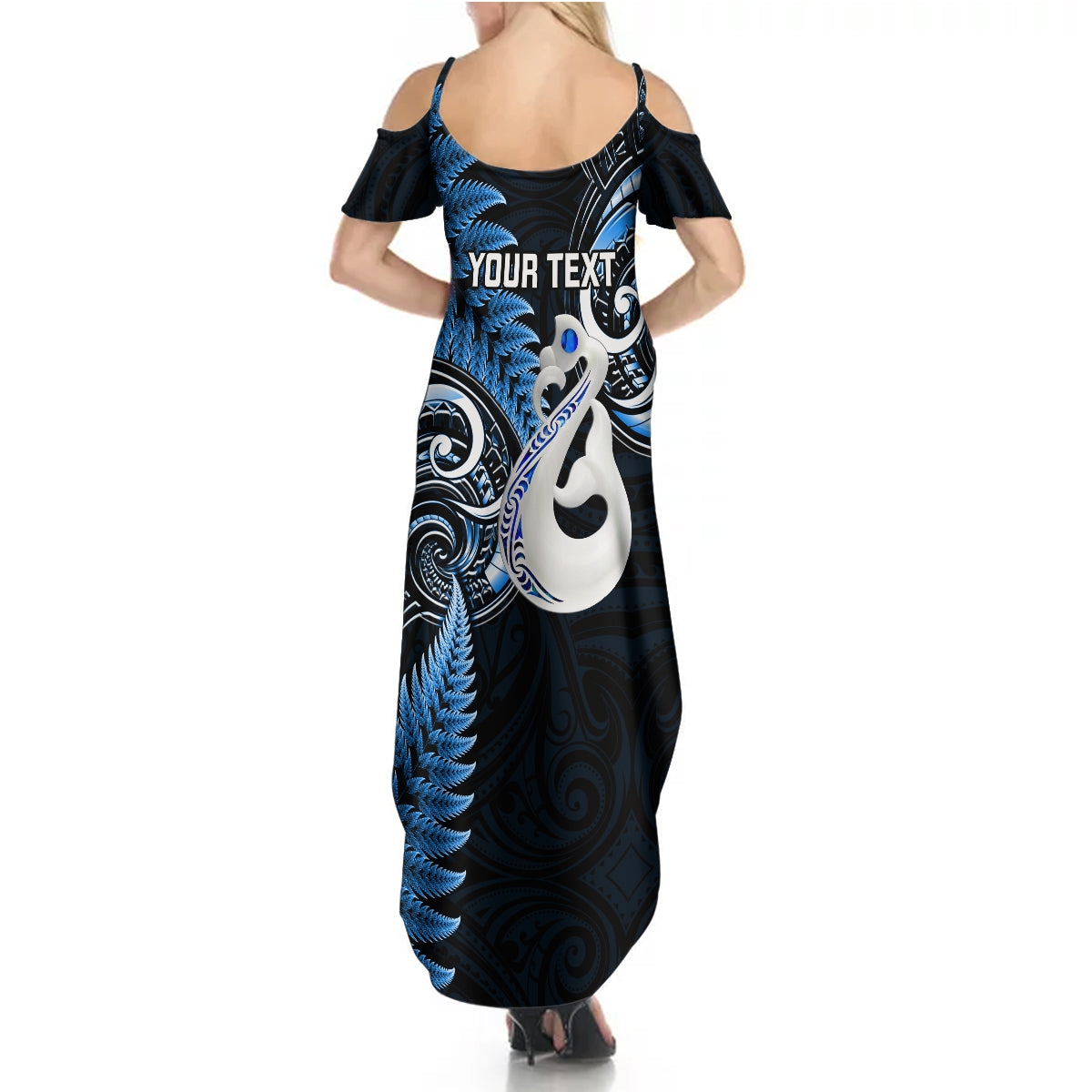 personalised-new-zealand-summer-maxi-dress-aotearoa-silver-fern-with-manaia-maori-unique-blue