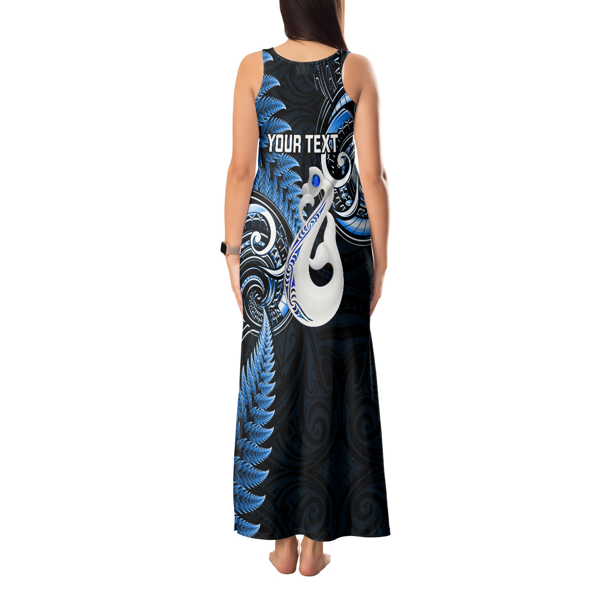 personalised-new-zealand-tank-maxi-dress-aotearoa-silver-fern-with-manaia-maori-unique-blue